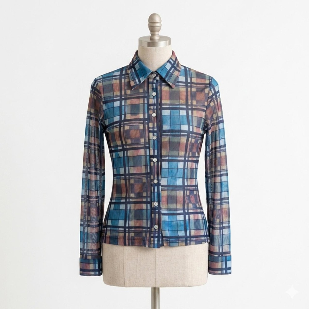 Vintage Merry Go Round Its Our Universe Plaid Button Down Shirt Y2K 90s Teal S